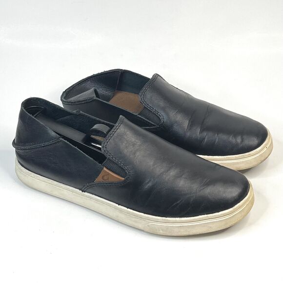 OluKai Pehuea Leather Slip On Shoes Floc Fox Black Slides 2 Way Loafers 6.5 US - Picture 1 of 9